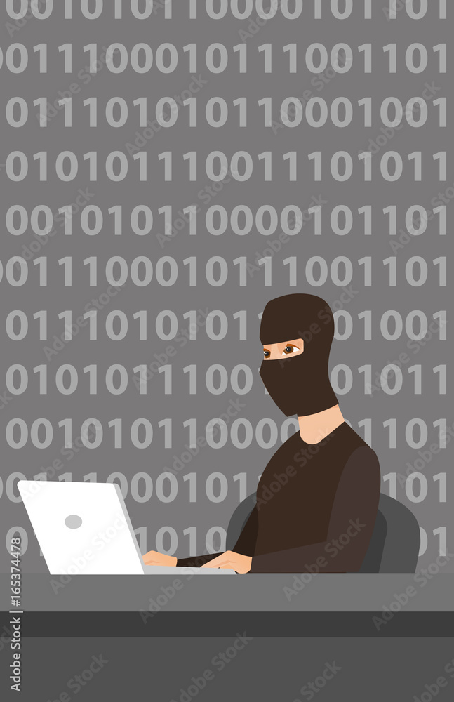 Poster hacker using laptop to steal information.