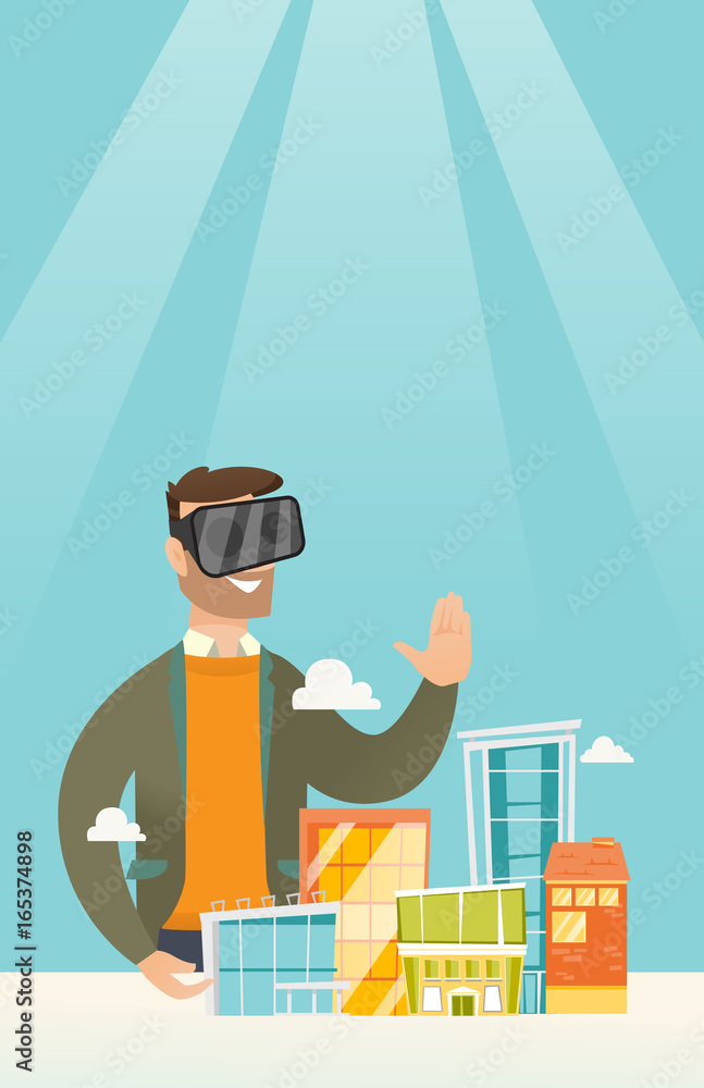 Canvas Prints Caucasian man wearing virtual reality headset.