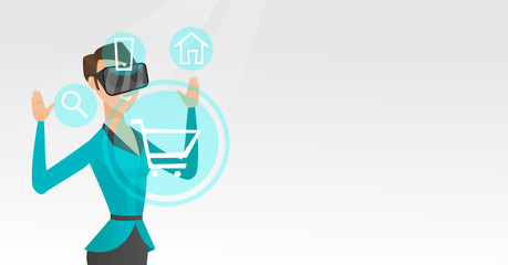 Fototapeta na wymiar Woman in virtual reality headset shopping online.