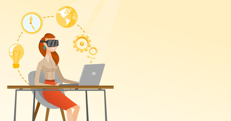 Business woman in vr headset working on a computer