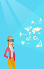 Young woman in vr headset analyzing virtual data.