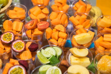 Fruit and vegetable in glass for make smoothie.