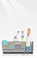 Scientist and robotic arm conducting experiments.