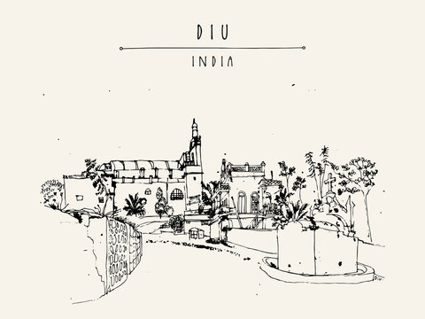 Old Portuguese church in Diu, India. Vintage hand drawn touristic postcard