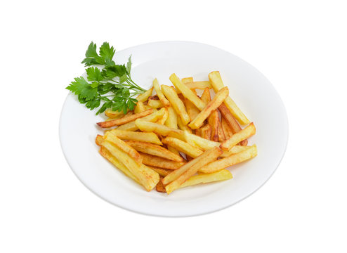 French fries with parsley on the white dish