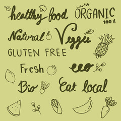 Set of hand drawn style badges and elements for organic food and drink, natural products,Vector illustrations.
