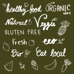 Set of hand drawn style badges and elements for organic food and drink, natural products,Vector illustrations.