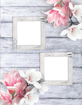 Retro photo frames with magnolia flowers