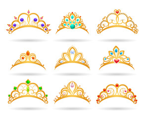Princess golden tiaras with diamonds isolated on white background. Gold girls crowns vector illustration - obrazy, fototapety, plakaty