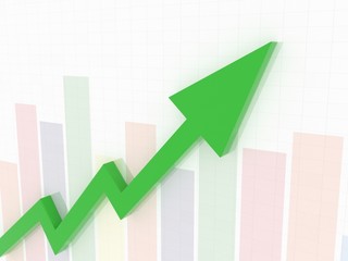 financial up arrow with statistical bars and grid 3d rendering