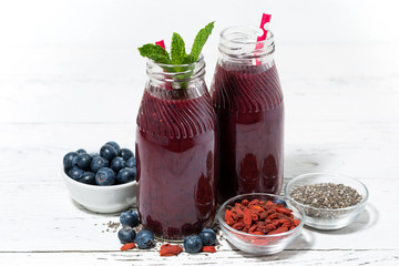 healthy berry smoothies with chia seeds and goji berries, closeup