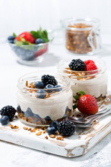 healthy creamy dessert with fresh berries on white board, vertical