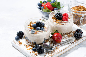 healthy creamy dessert with fresh berries on white board