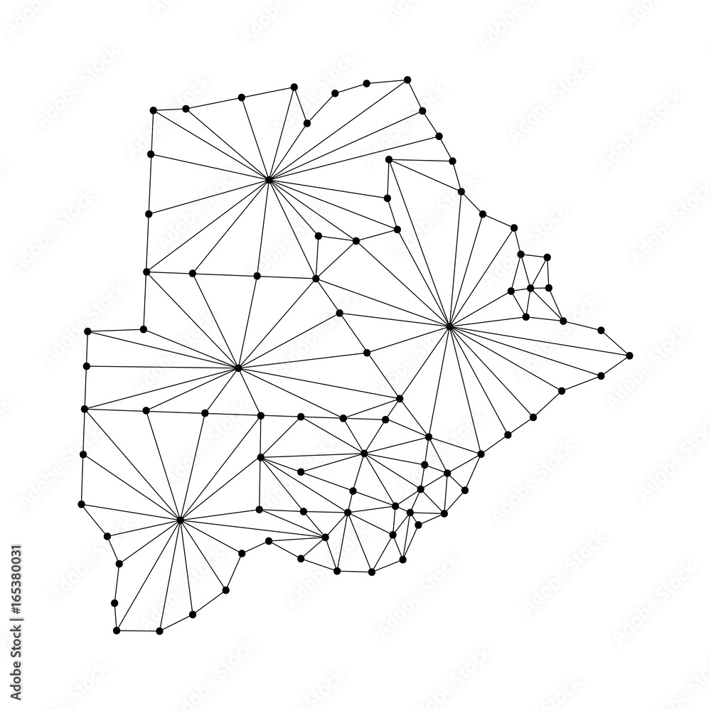 Poster botswana map of polygonal mosaic lines network, rays and dots vector illustration.