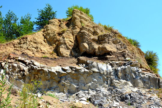 volcanic rock outcrops in the form of columnar basalt located in Racos, Romania. In an old roman abandoned career. It is a national protected area
