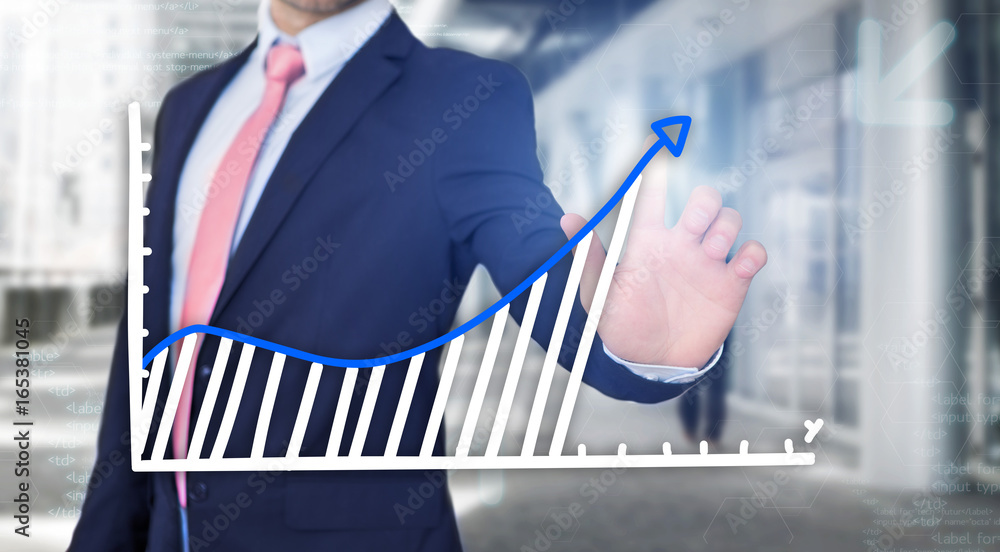 Poster businessman touching technology interface with financial curve and graph