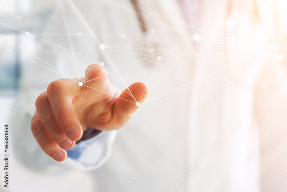 Aufkleber hand of a doctor touchnig an operating system screen and network connection