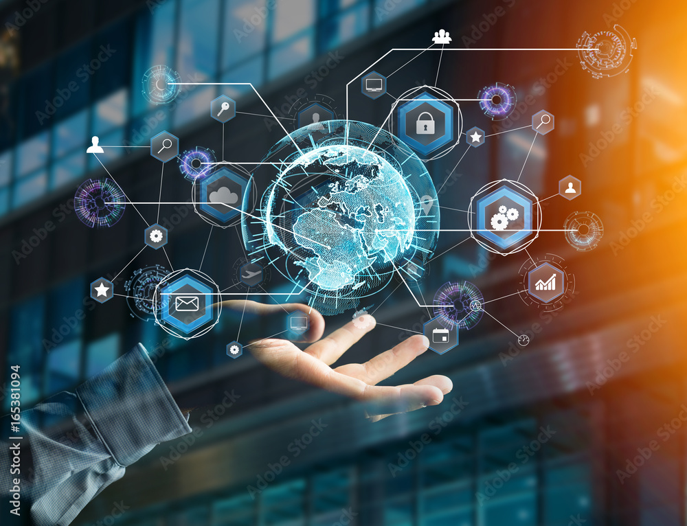 Poster international business network connection displayed on a futuristic interface with technology icon a