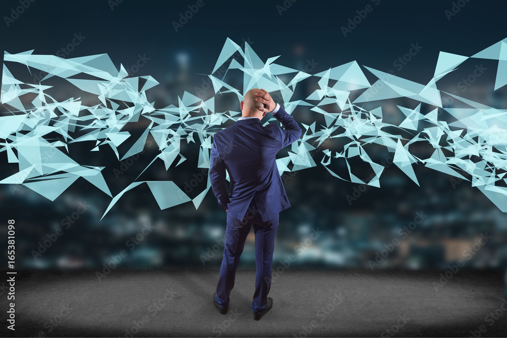 Poster businessman in front of a wall with abstract triangle displayed on a futuristic interface with line 