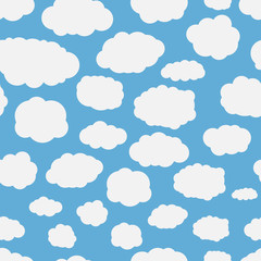 Seamless background with blue sky and white cartoon clouds. Vector illustration.
