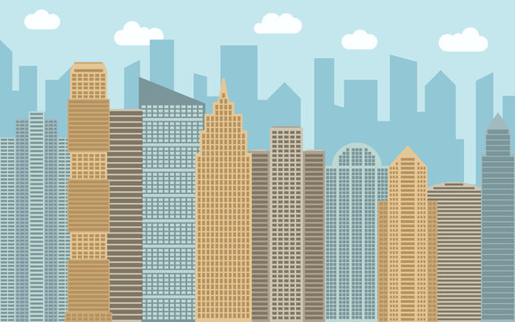 Vector urban landscape illustration. Street view with cityscape, skyscrapers and modern buildings at sunny day. City space in flat style background concept.
