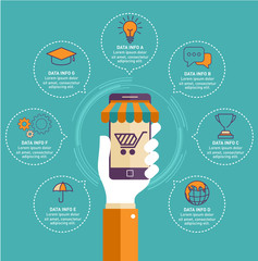 Hand holding smartphone with business infographic, flat design style illustration