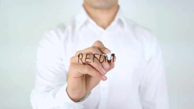 Refund, Man Writing on Glass