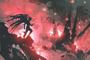 Naklejka premium black devil standing on ruins of building against burning city, digital art style, illustration painting