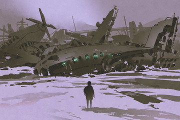 man looking at remains of destroyed planes in snow, digital art style, illustration painting