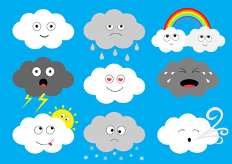 White dark cloud emoji icon set. Fluffy clouds. Sun, rainbow, rain drop, wind, thunderbolt, storm lightning. Cute cartoon cloudscape. Different emotion. Flat design. Blues sky background. Isolated.