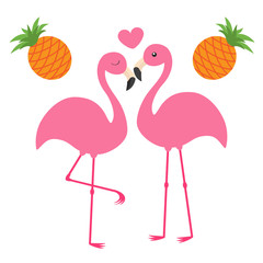 Fototapeta premium Pineapple fruit set. Pink flamingo couple and heart. Love family. Exotic tropical bird. Zoo animal kids collection. Cute cartoon character. Greeting card. Flat design. White background Isolated