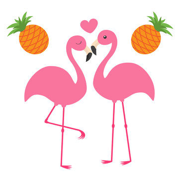 Pineapple fruit set. Pink flamingo couple and heart. Love family. Exotic tropical bird. Zoo animal kids collection. Cute cartoon character. Greeting card. Flat design. White background Isolated