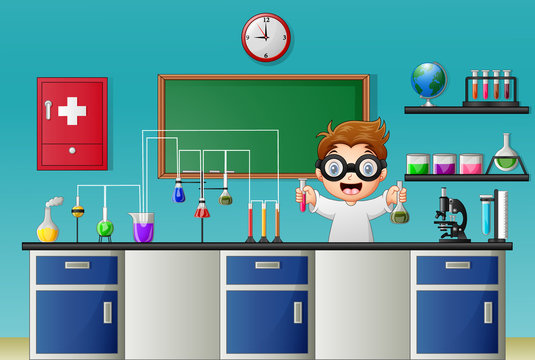 Cartoon boy doing chemical experiment in the laboratory 
