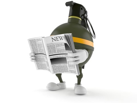 Hand grenade character reading newspaper