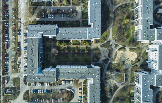 Aerial view of apartment buildings in city, Berlin, Brandenburg, Germany