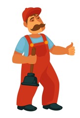 Friendly professional plumber in red overalls with plunger