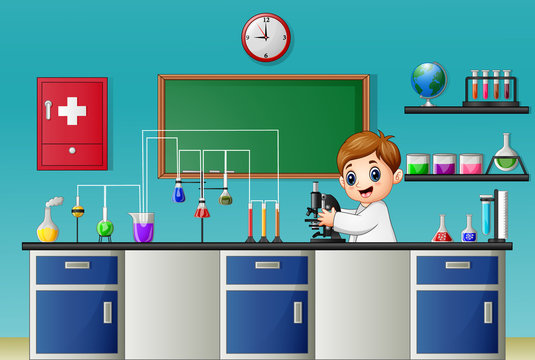 Cartoon boy experimenting with microscope in the chemical lab