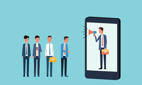  business online and social  marketing   concept and flat group people with business man hold megaphone in mobile  