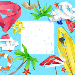 Background and Summer objects made of crumpled colorful paper strips. Origami paper palm, umbrella, sun, sup boards, lifebuoy etc.