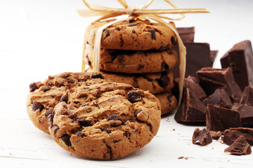 Chocolate cookies on white background. Chocolate chip cookies shot