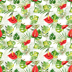 Fototapeta na wymiar Seamless pattern with watercolor tropical flowers and leaves. Illustration can be used for gift wrapping, background of web pages, as a print for any printing products.