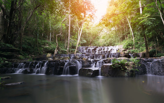 Beautiful waterfall in the evergreen forest,