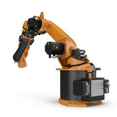 Orange robot arm for industry isolated on white. 3D Illustration, clipping path