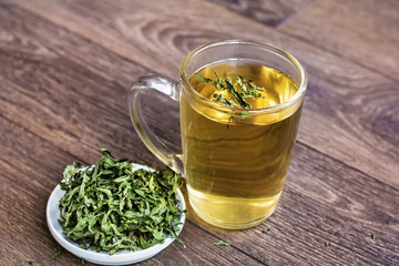 mint tea in a glass cup .Herbal tea with dried mint leaves