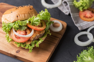 hamburger on black background, junk food