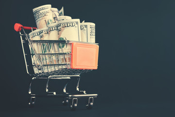 Shopping cart filled with one hundred dollar bill rolls, shallow depth of field, color toning applied.  © MaciejBledowski