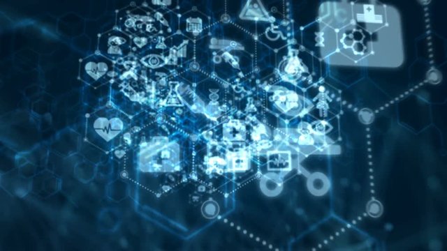 4K Abstract background Animation moving pass through dot and connection line with medical and health icon for futuristic cyber technology over dark blue background