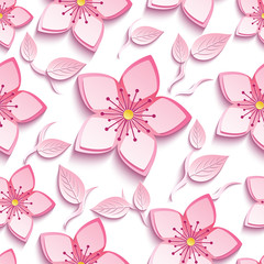 Seamless pattern with pink sakura and leaves