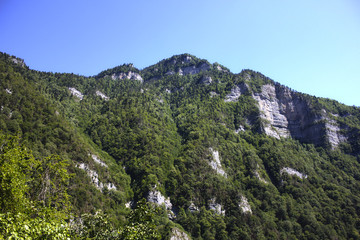Fototapeta na wymiar Mountain landscape. Green mountain with a rocky peak against the blue sky.