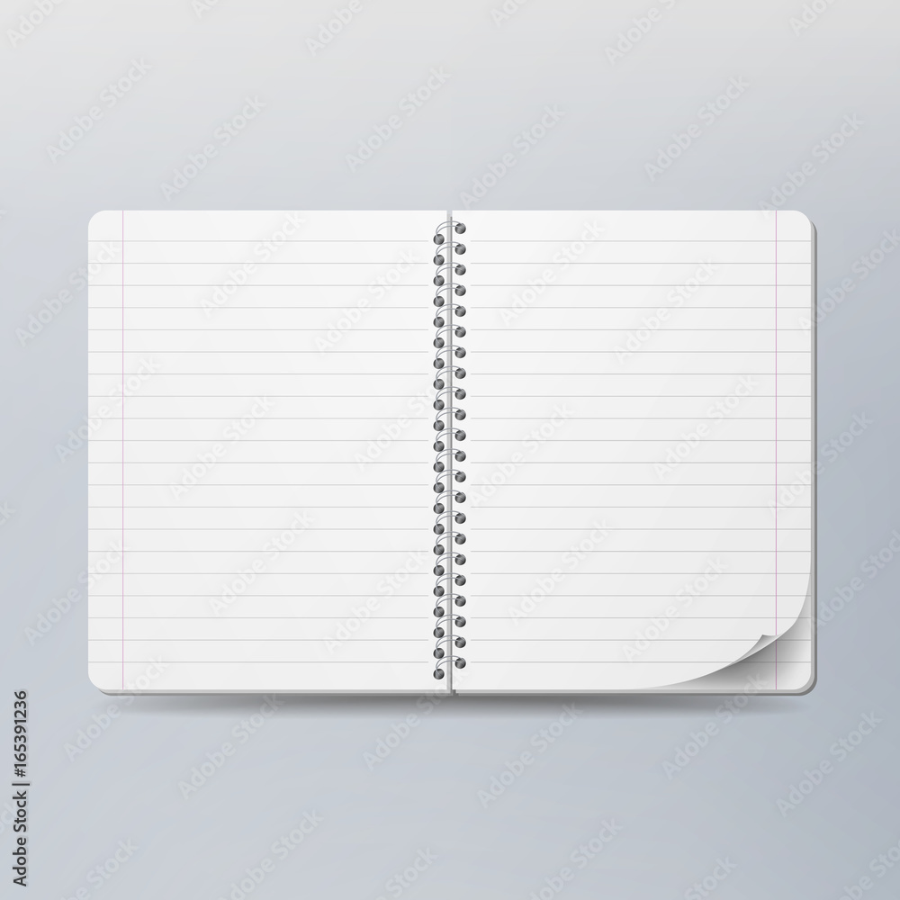Poster realistic note template blank. spiral and paper. clean mock up for your design. opened notebook for 
